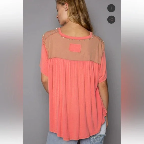 POL Oversize Pearl Embellished Ribbed Top Size Small Watermelon Pink - Picture 12 of 12